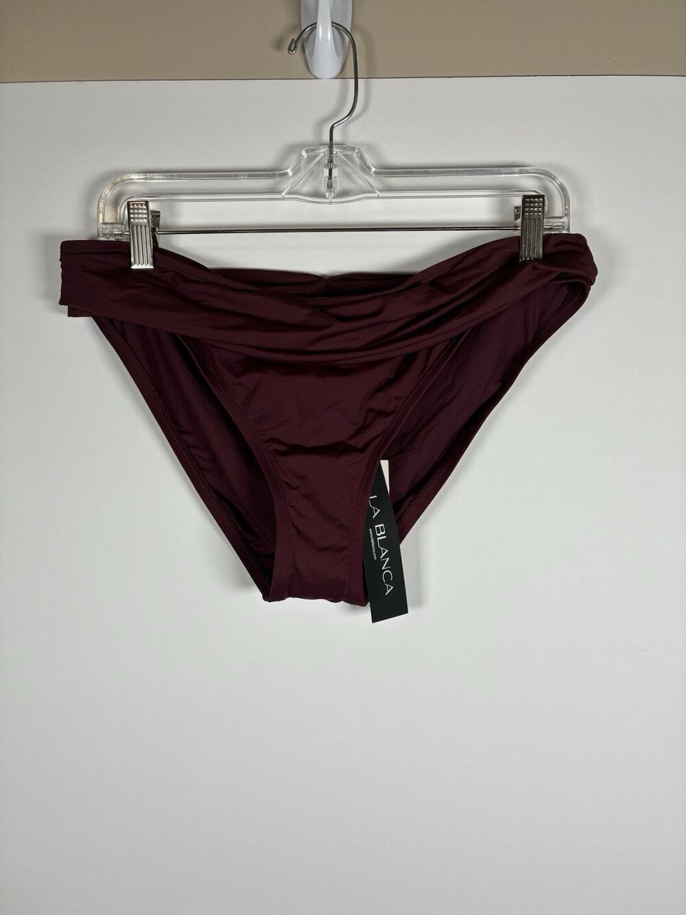La Blanca Sz 12 Burgundy Bikini Bottom Shirred Fold Over UPF 50 Swimsuit NWT